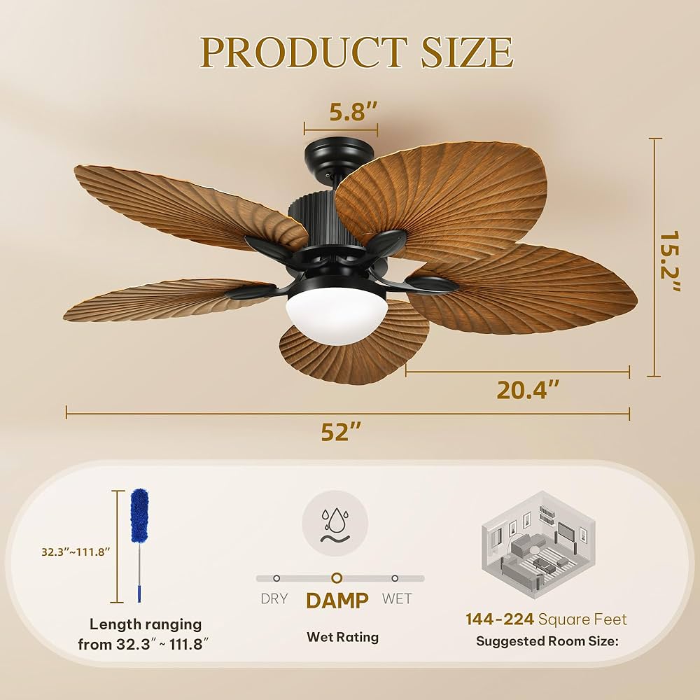 Tamme(タム)TROPICAL WOOLMK40 YITAHOME Tropical Ceiling Fan with Lights, 3 Ways Control